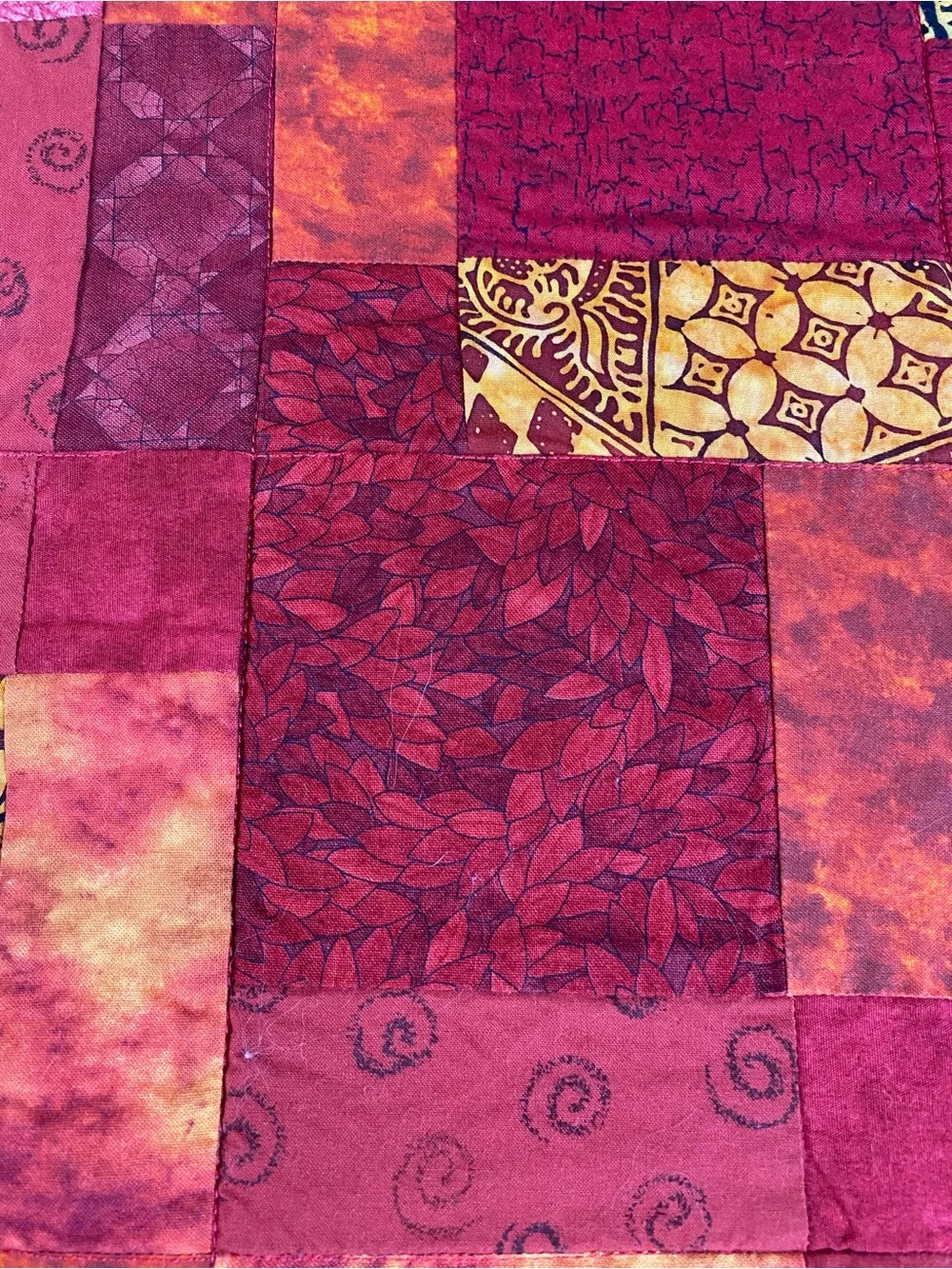 Patchwork Red & Orange Quilted Bedspread with Accented Prints Handmade